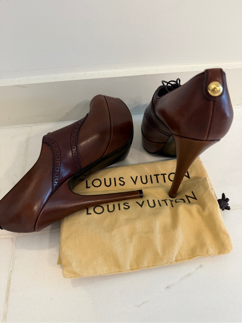 Louis Vuitton Brown Leather Peep-Toe Lace-Up Pumps - Picture 5 of 11